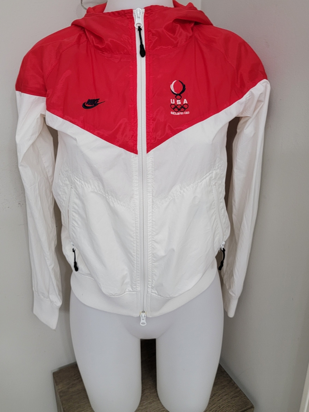 Nike Red and White Hooded Bomber Windbreaker Jacket
